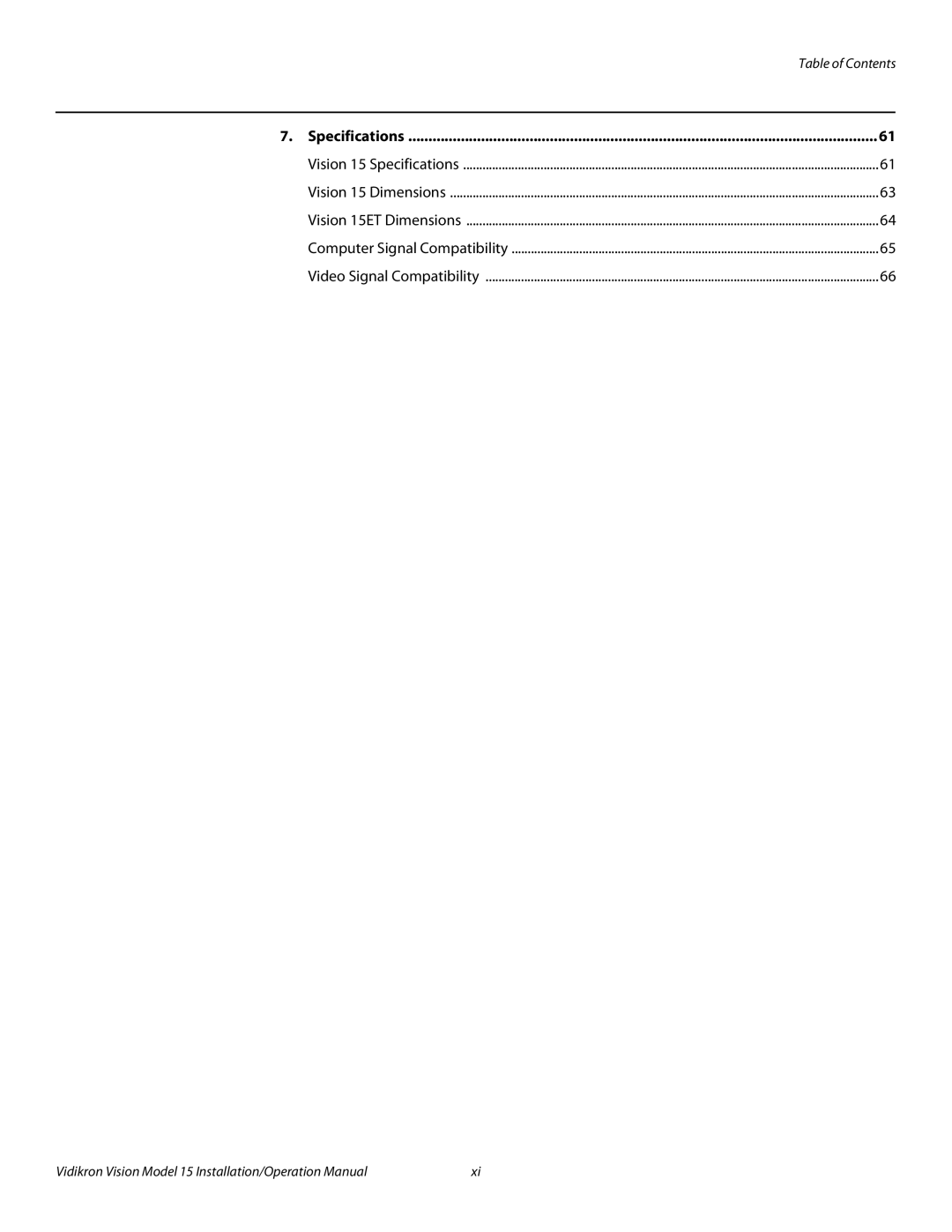 Vidikron Vision 15ET/CineWideTM operation manual Specifications 