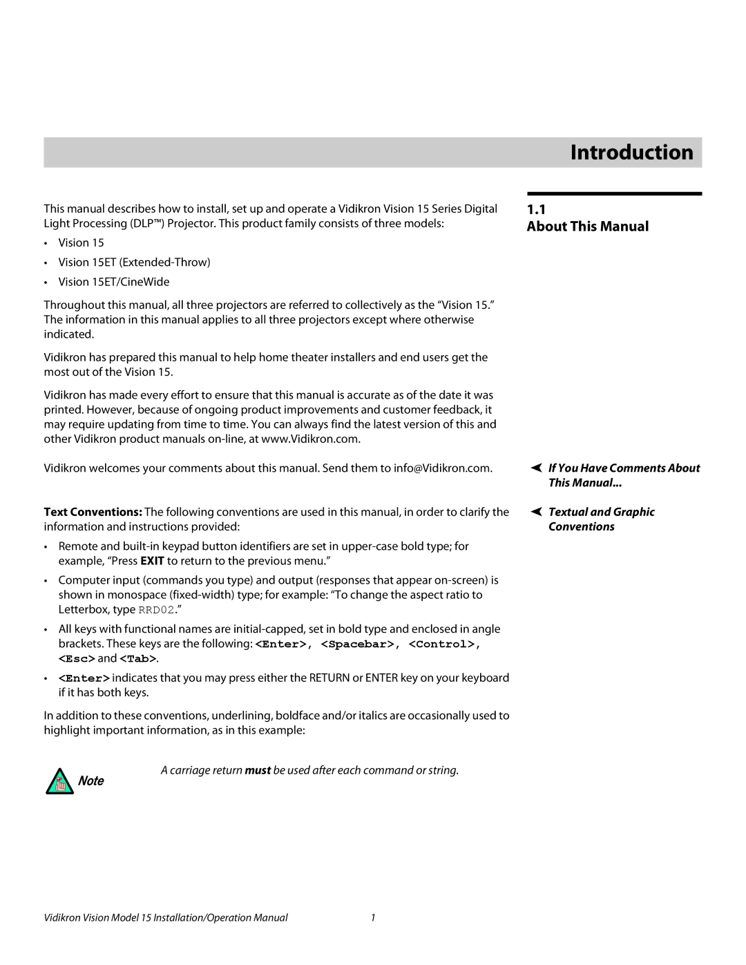 Vidikron Vision 15ET/CineWideTM operation manual 1Introduction, About This Manual 