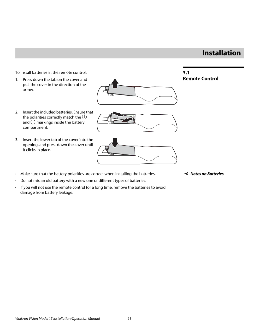 Vidikron Vision 15ET/CineWideTM operation manual 3Installation, Remote Control 