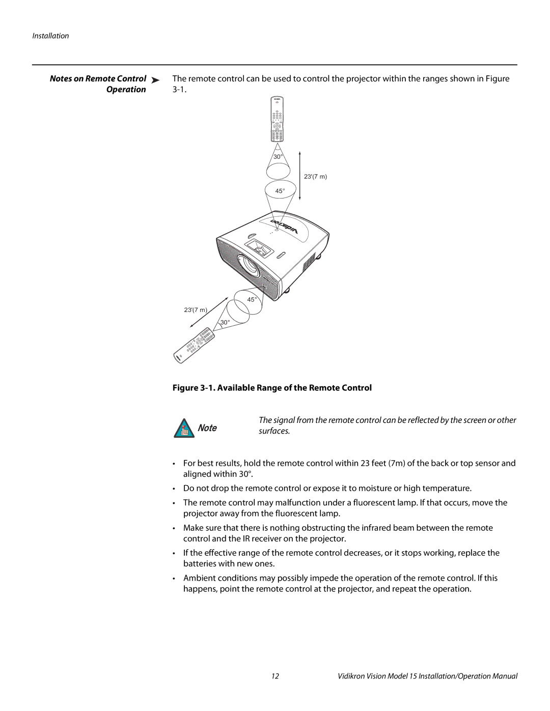 Vidikron Vision 15ET/CineWideTM operation manual Operation, Available Range of the Remote Control 