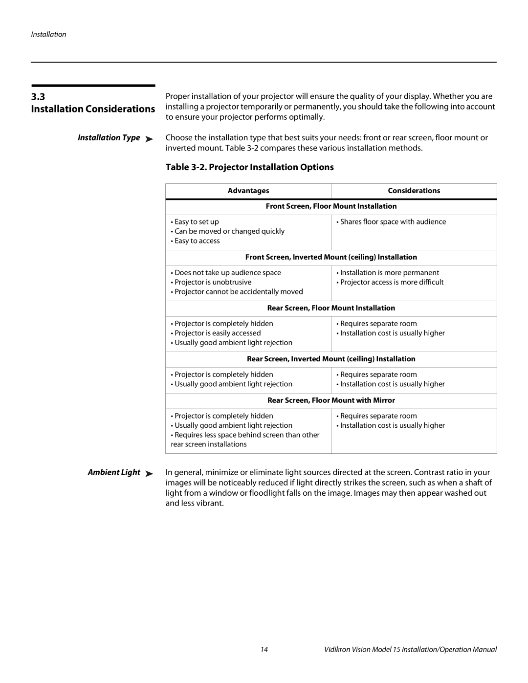 Vidikron Vision 15ET operation manual Installation Considerations, Projector Installation Options, Installation Type 