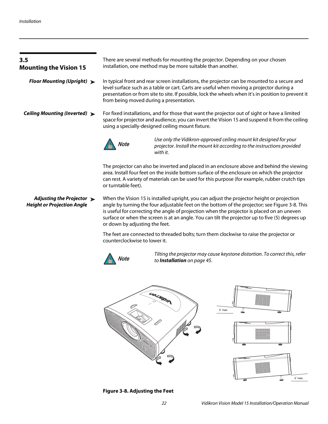 Vidikron Vision 15 Mounting the Vision, Floor Mounting Upright, Ceiling Mounting Inverted, Adjusting the Projector 