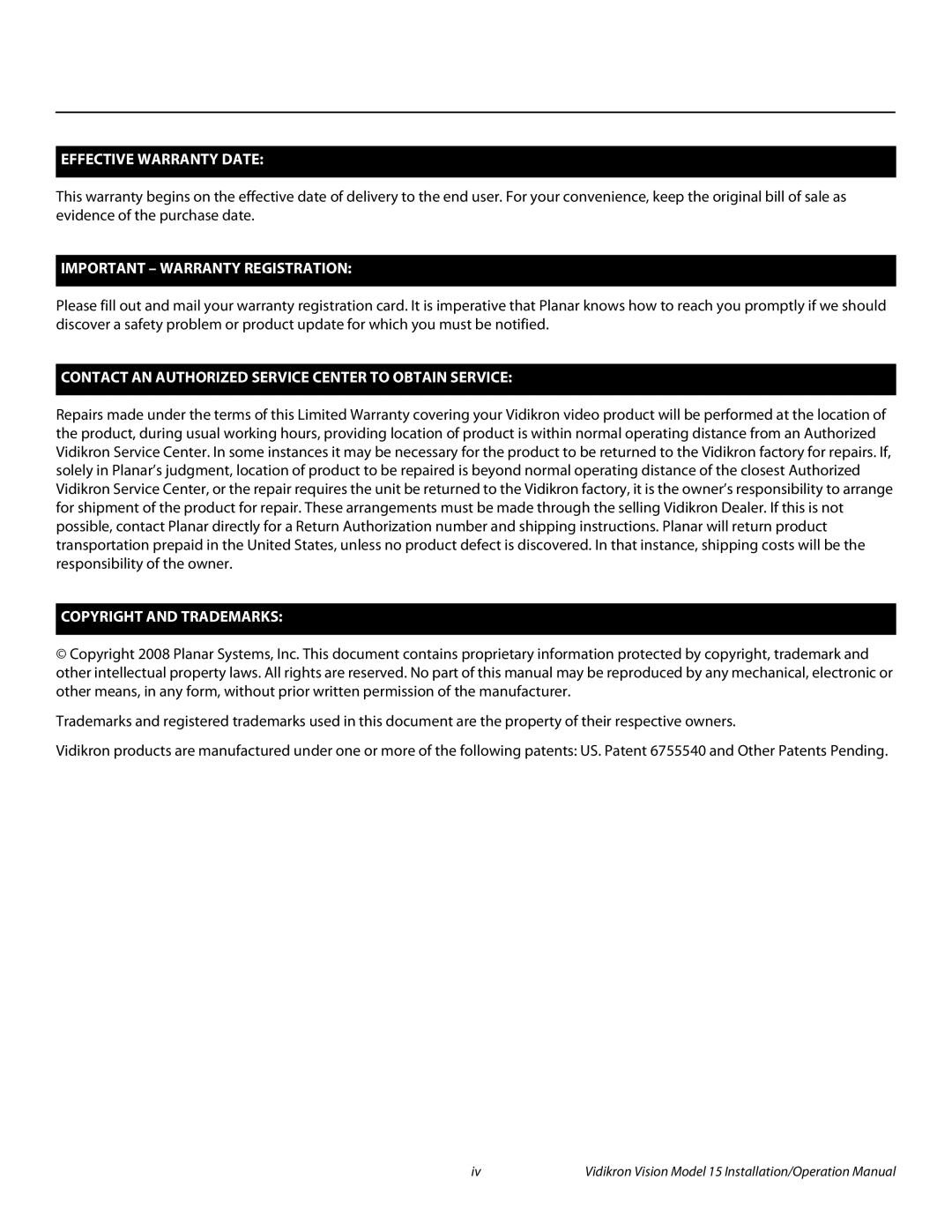 Vidikron Vision 15ET/CineWideTM operation manual Effective Warranty Date 