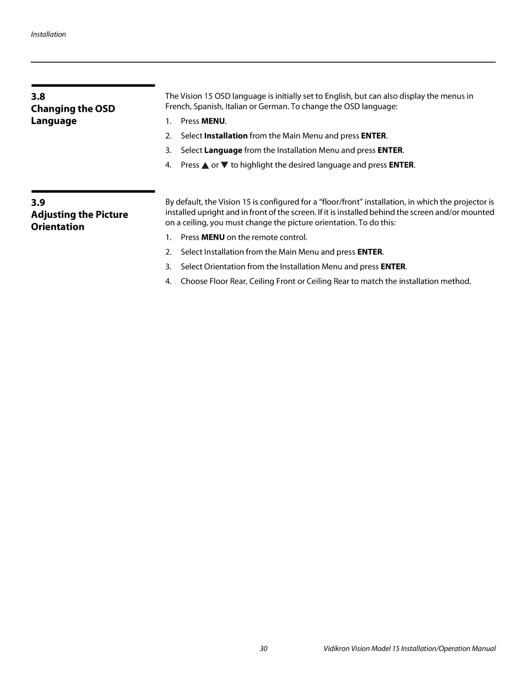 Vidikron Vision 15ET/CineWideTM operation manual Changing the OSD Language Adjusting the Picture Orientation 