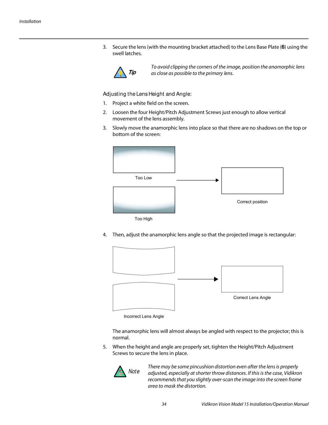 Vidikron Vision 15ET/CineWideTM operation manual Adjusting the Lens Height and Angle 