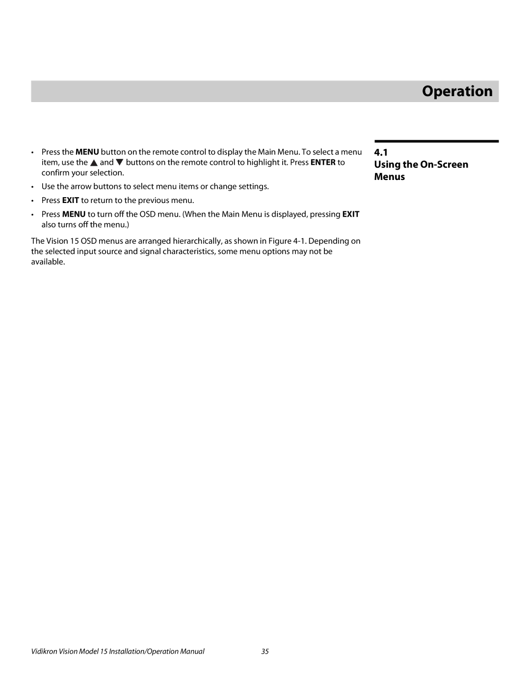 Vidikron Vision 15ET/CineWideTM operation manual 4Operation, Using the On-Screen Menus 