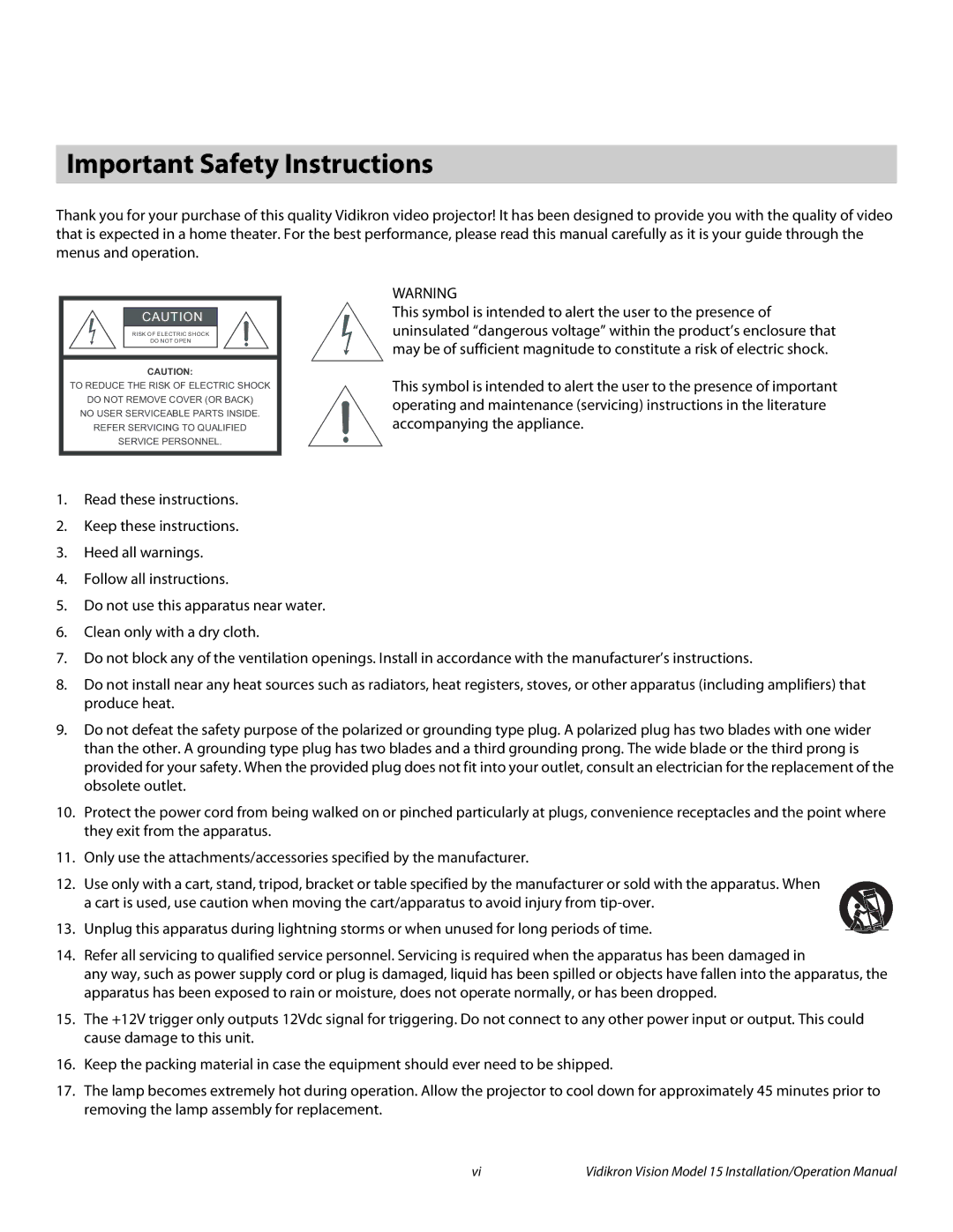 Vidikron Vision 15ET/CineWideTM operation manual Important Safety Instructions 