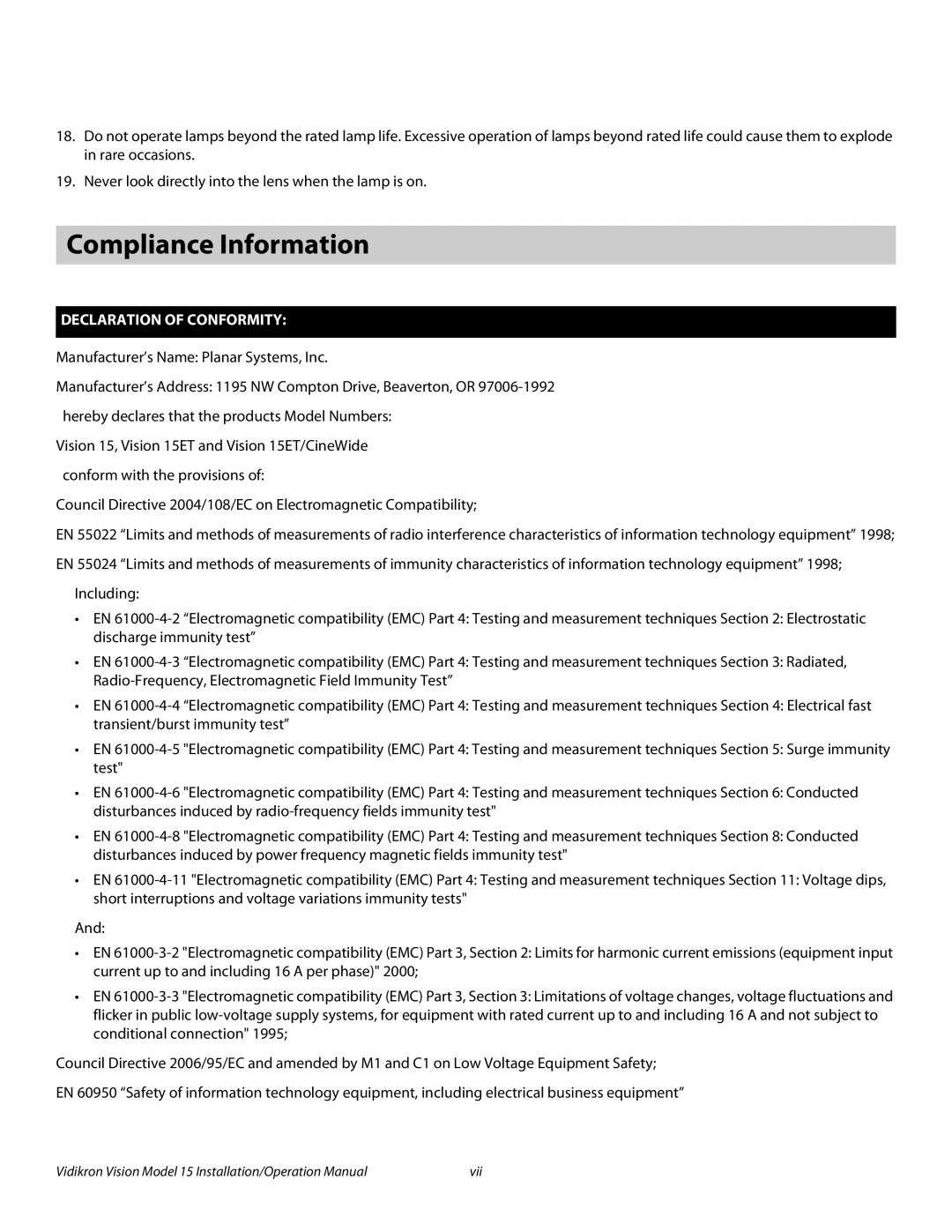 Vidikron Vision 15ET/CineWideTM operation manual Compliance Information, Declaration of Conformity 