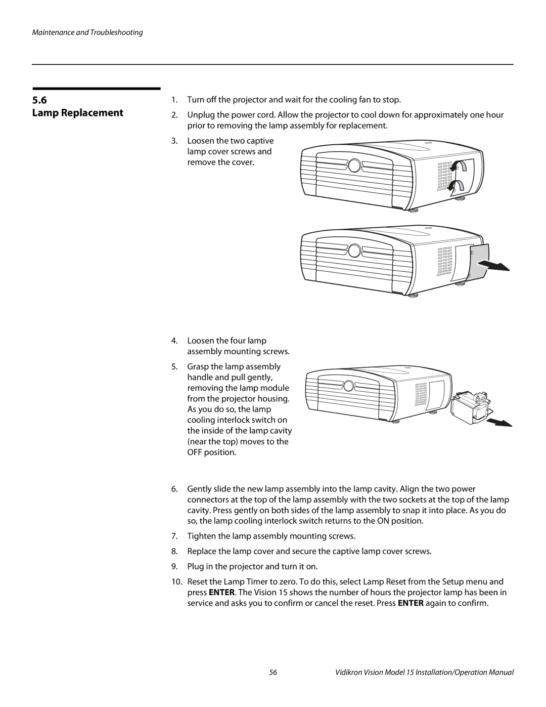 Vidikron Vision 15ET/CineWideTM operation manual Lamp Replacement 