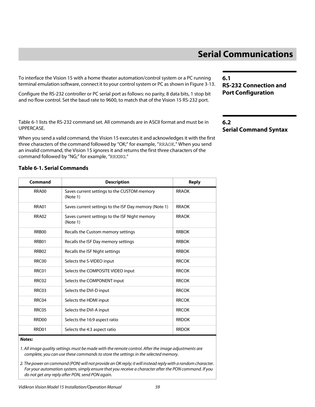 Vidikron Vision 15ET 6Serial Communications, Serial Command Syntax, RS-232 Connection and Port Configuration 