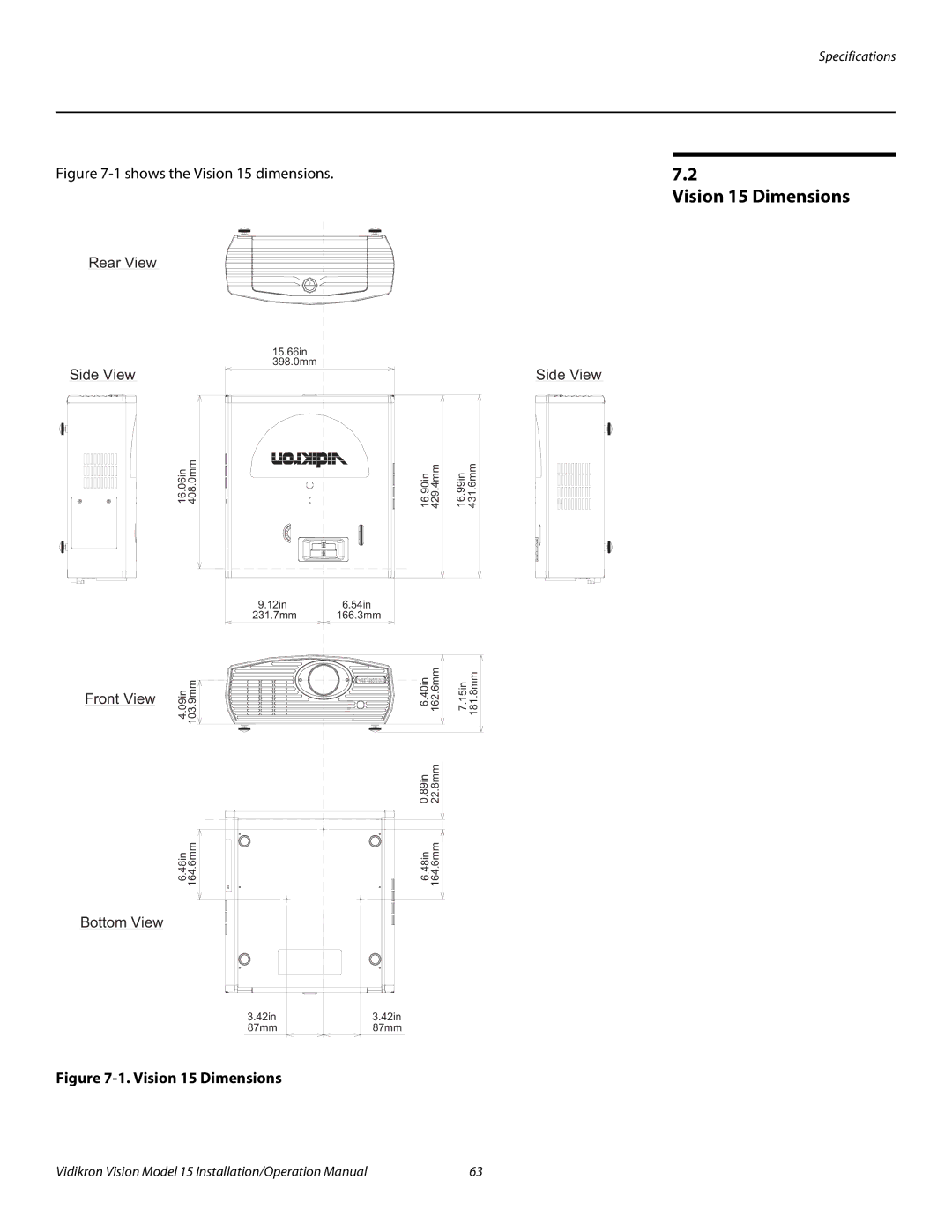 Vidikron Vision 15ET/CineWideTM operation manual Vision 15 Dimensions 