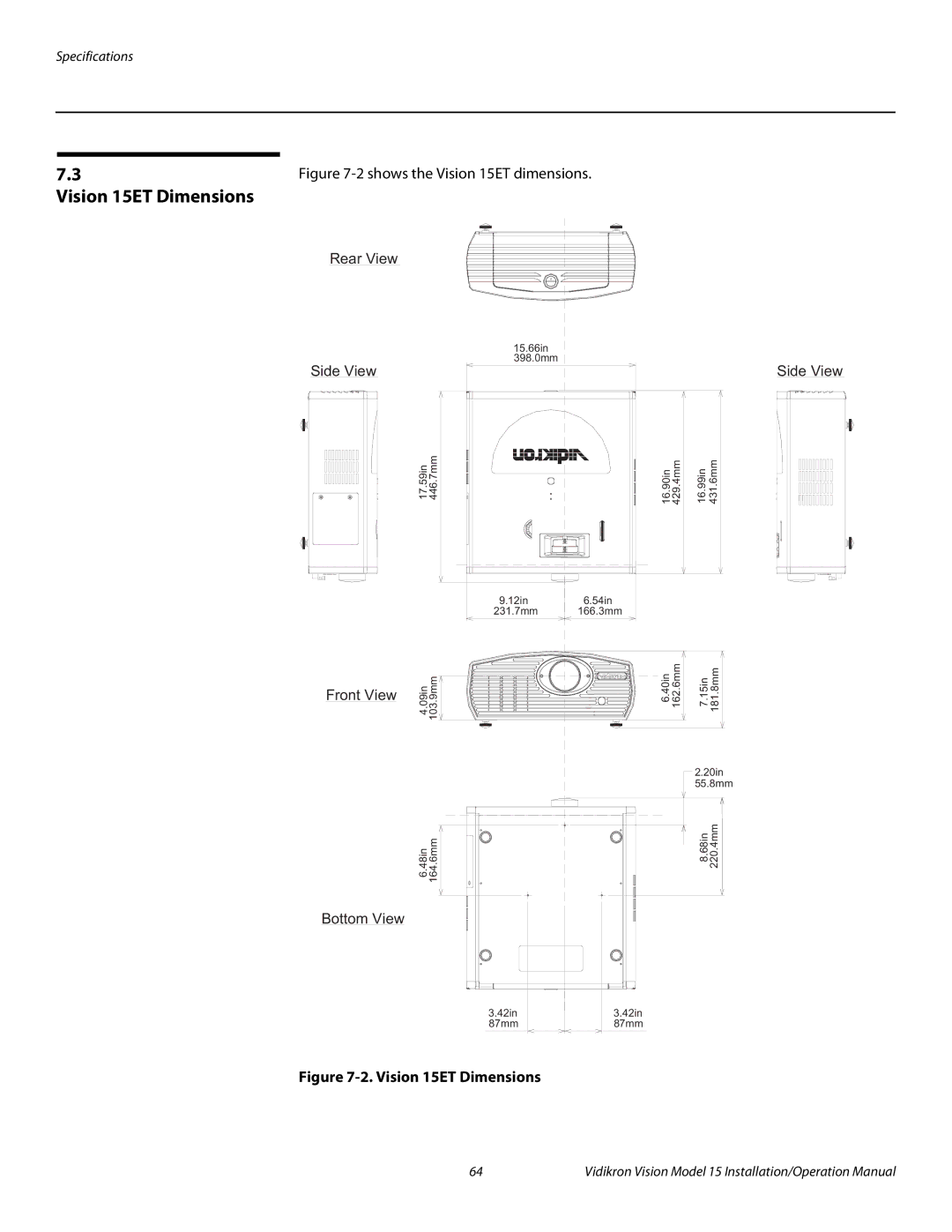 Vidikron Vision 15ET/CineWideTM operation manual Vision 15ET Dimensions 