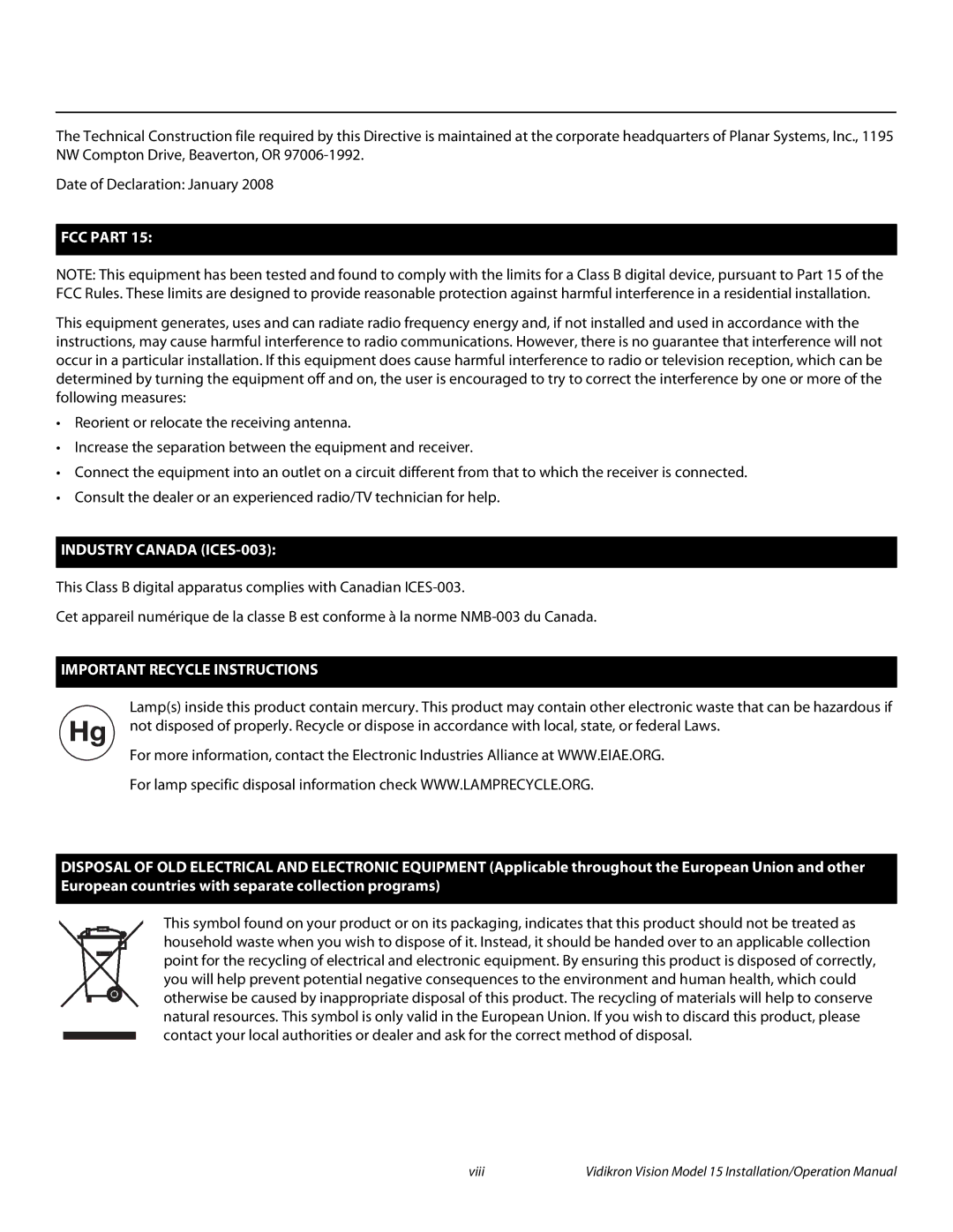 Vidikron Vision 15ET/CineWideTM operation manual FCC Part 