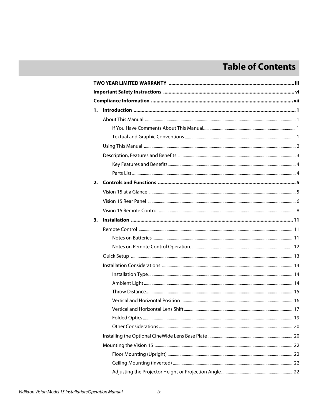 Vidikron Vision 15ET/CineWideTM operation manual 1Table of Contents 