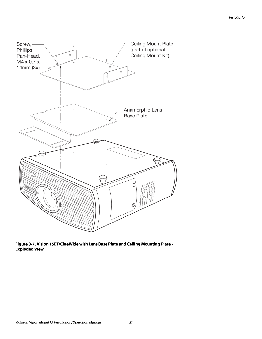 Vidikron Vision 15ET/CineWideTM Screw Phillips Pan-Head, M4 x 0.7 x 14mm, Anamorphic Lens Base Plate, Installation 