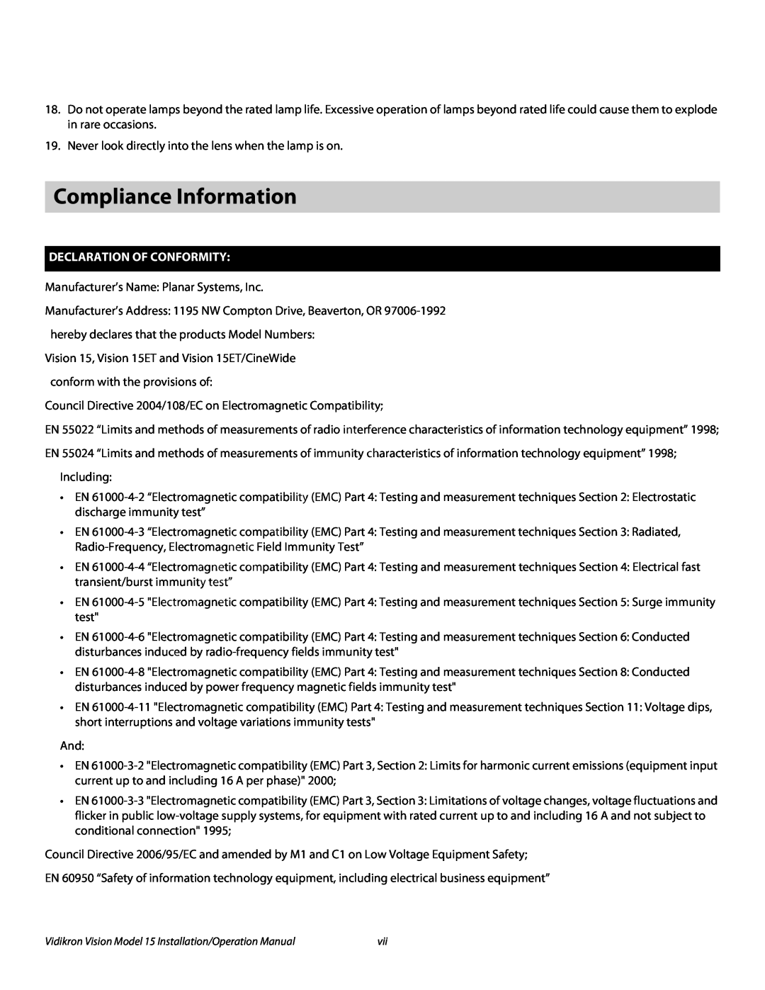 Vidikron Vision 15ET/CineWideTM operation manual Compliance Information, Declaration Of Conformity 