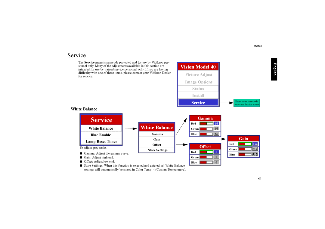 Vidikron Vision 20ET owner manual Service, White Balance, Blue Enable, Lamp Reset Timer 