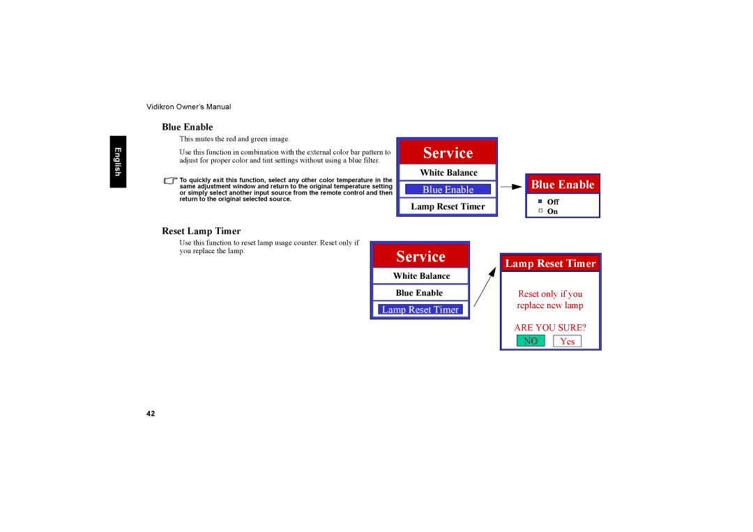 Vidikron Vision 20ET owner manual Reset Lamp Timer, White Balance Blue Enable 