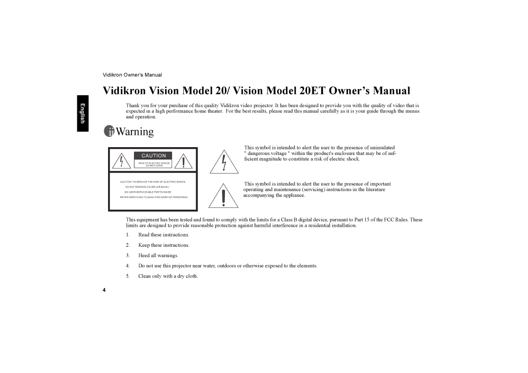 Vidikron Vision 20ET owner manual Risk of Electric Shock 