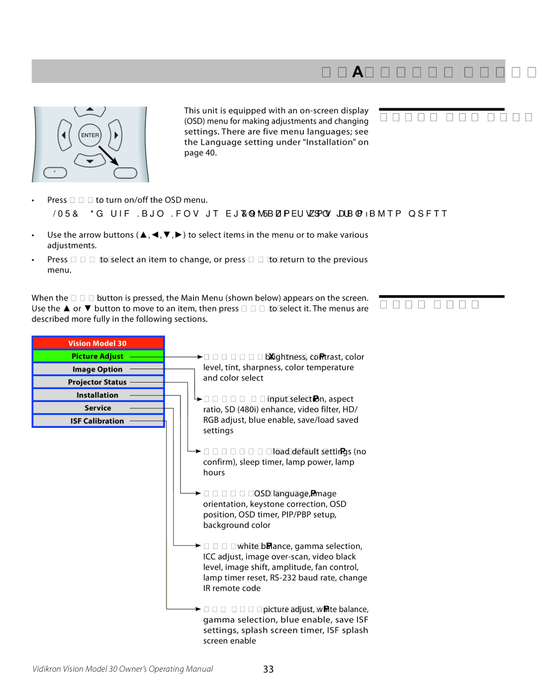 Vidikron Vision 30 manual On-Screen Display Menus 