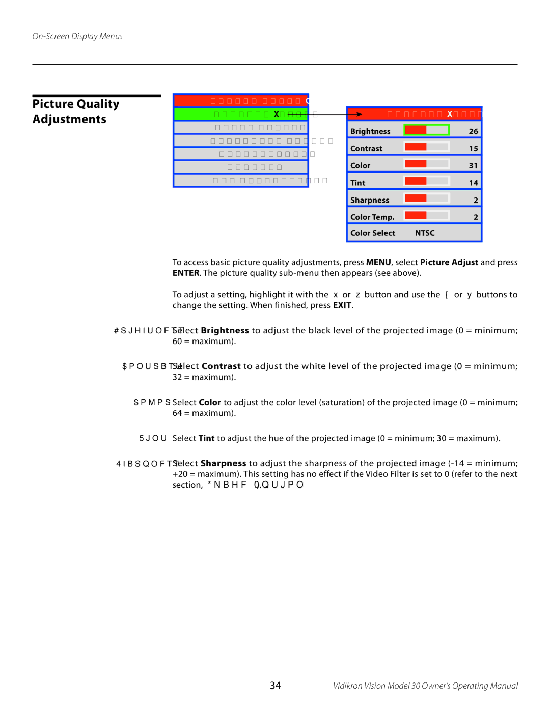 Vidikron Vision 30 manual Picture Quality Adjustments 