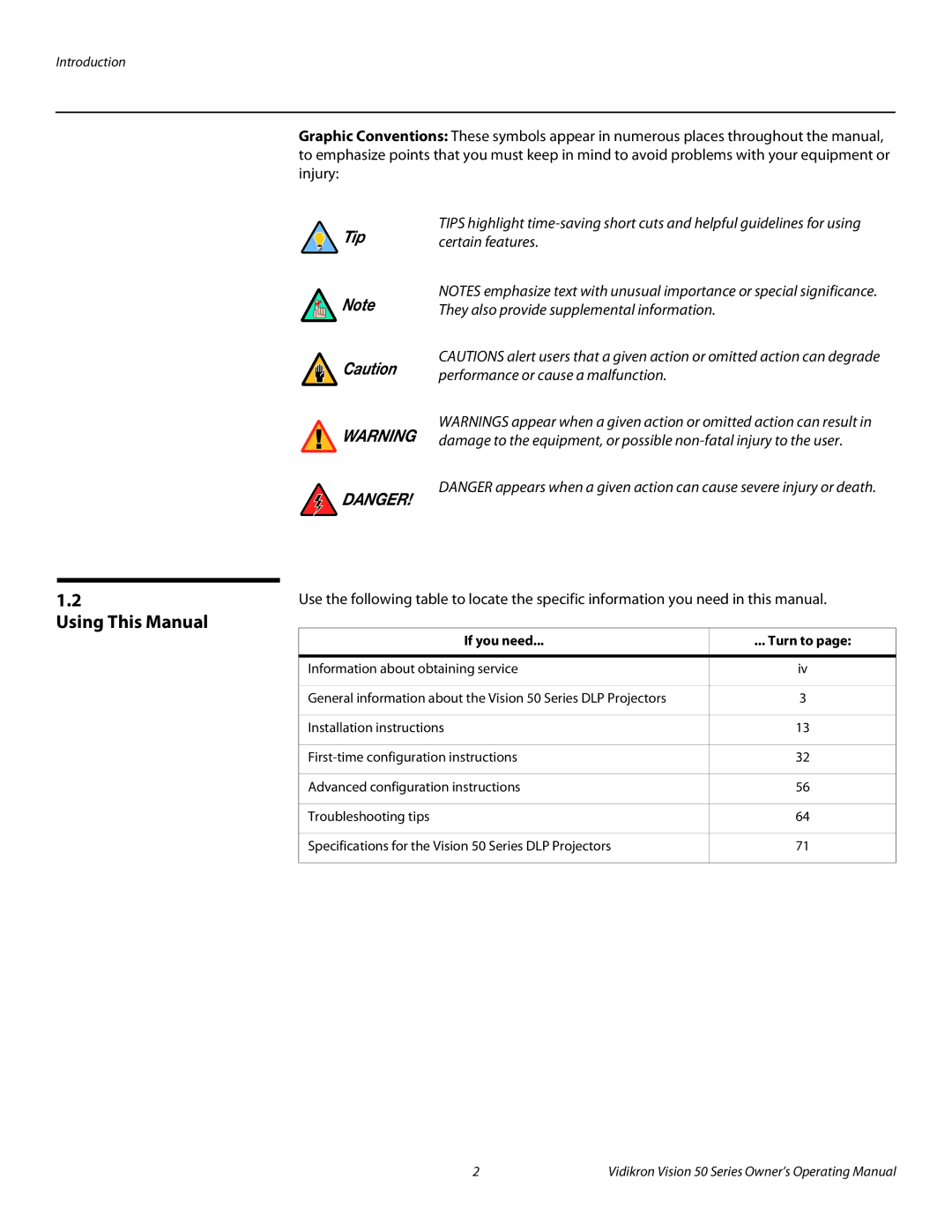 Vidikron Vision 50 manual Using This Manual, They also provide supplemental information, Performance or cause a malfunction 