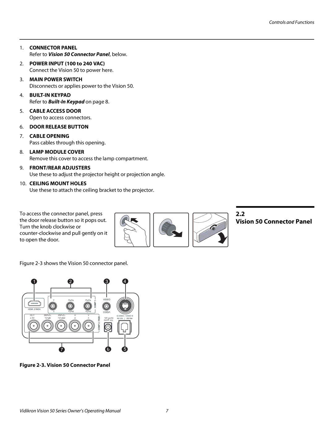 Vidikron manual Refer to Vision 50 Connector Panel, below, Cable Access Door Open to access connectors 