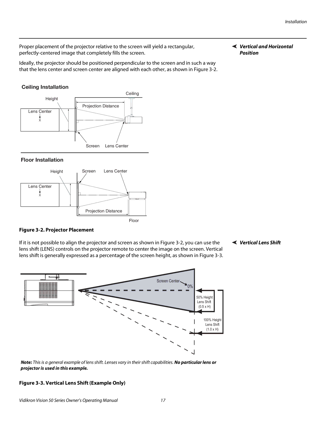 Vidikron Vision 50 manual Vertical and Horizontal, Position, Ceiling Installation, Floor Installation 