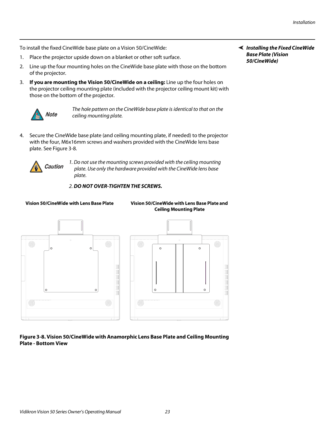 Vidikron manual Installing the Fixed CineWide Base Plate Vision 50/CineWide, Vision 50/CineWide with Lens Base Plate 