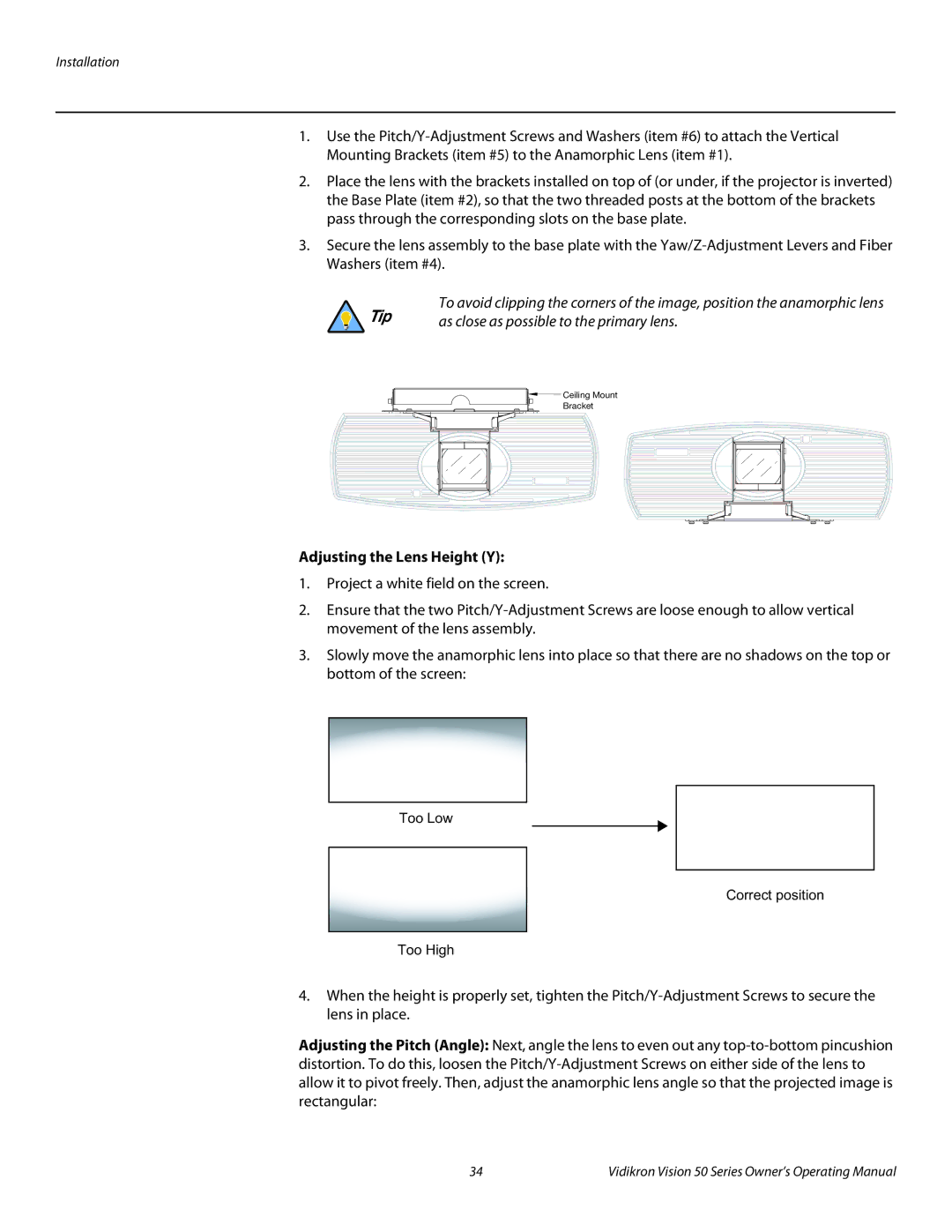 Vidikron Vision 50 manual Adjusting the Lens Height Y 