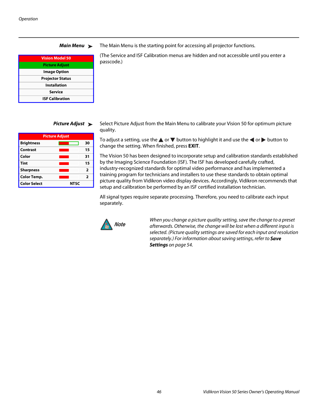 Vidikron Vision 50 manual Main Menu, Picture Adjust 