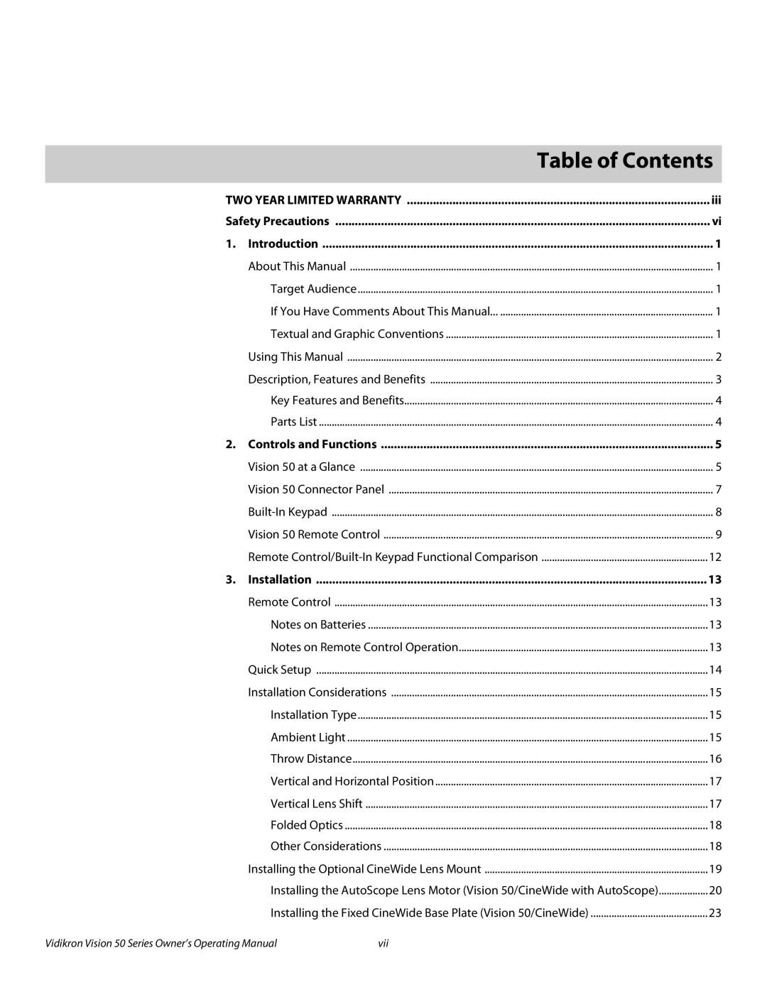 Vidikron Vision 50 manual 1Table of Contents 