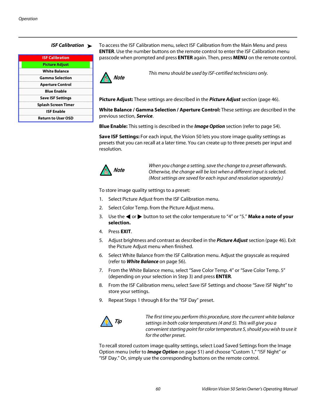 Vidikron Vision 50 manual ISF Calibration 