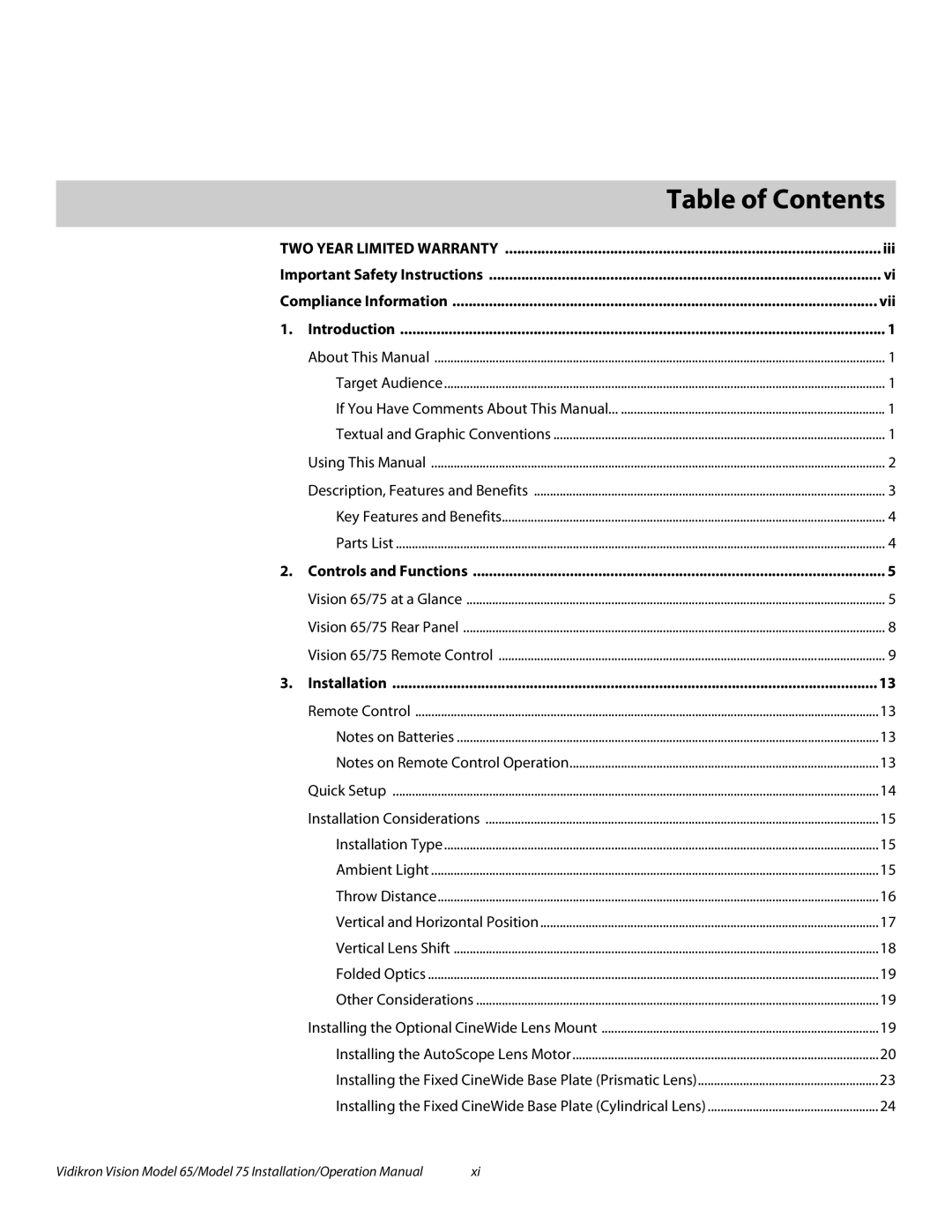 Vidikron Vision 75, Vision 65 operation manual 1Table of Contents 