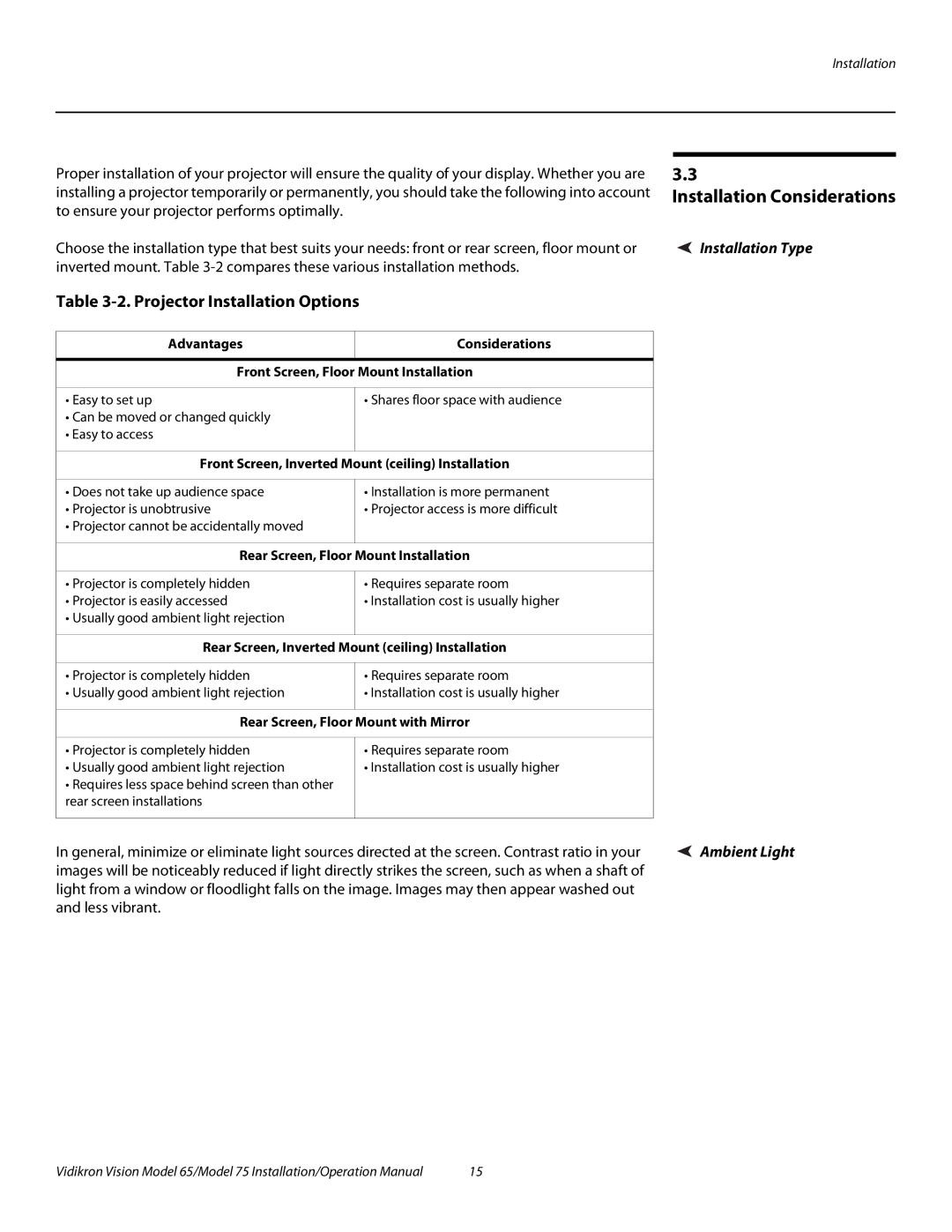 Vidikron Vision 75, Vision 65 Installation Considerations, Projector Installation Options, Installation Type 