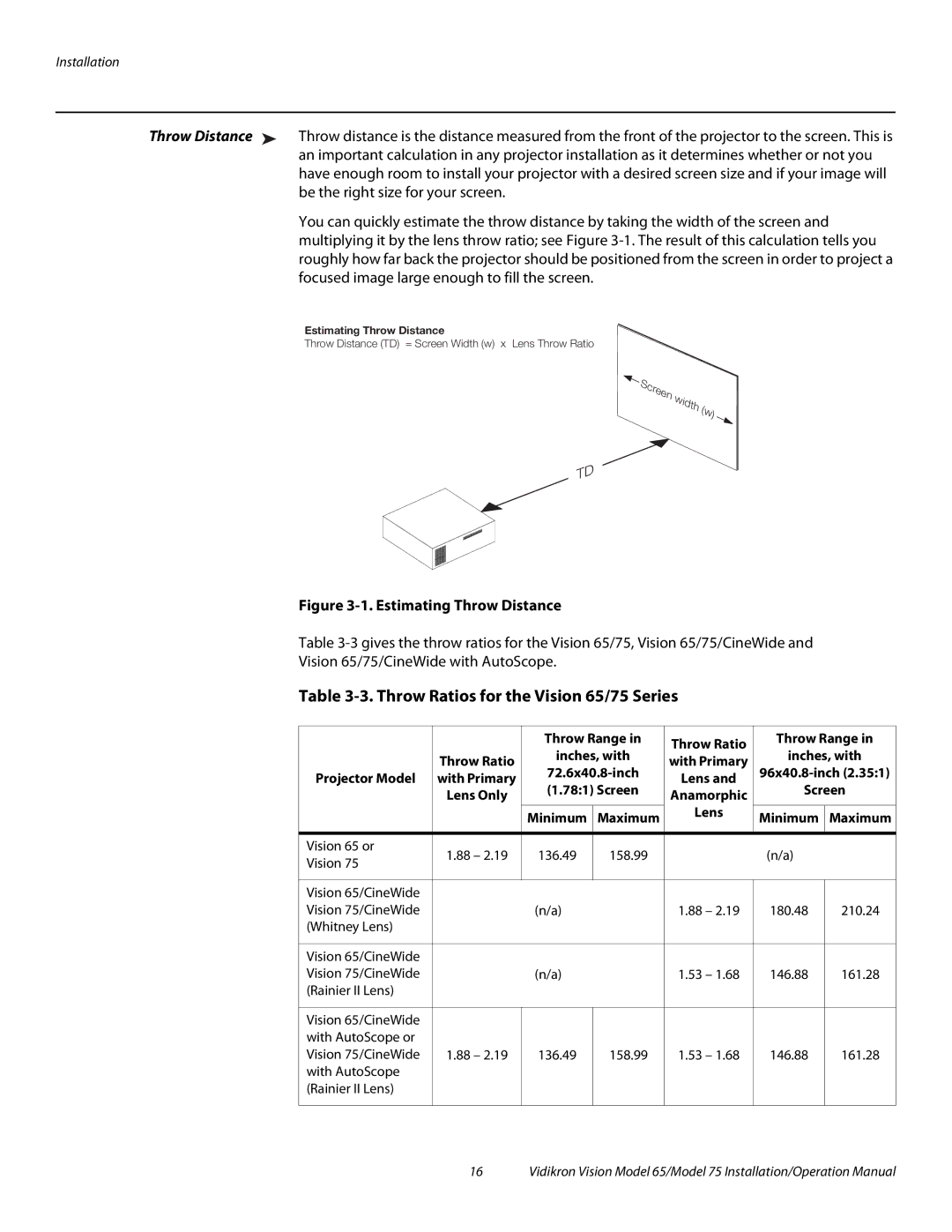 Vidikron Vision 75 operation manual Throw Ratios for the Vision 65/75 Series, Throw Range Throw Ratio, Projector Model 