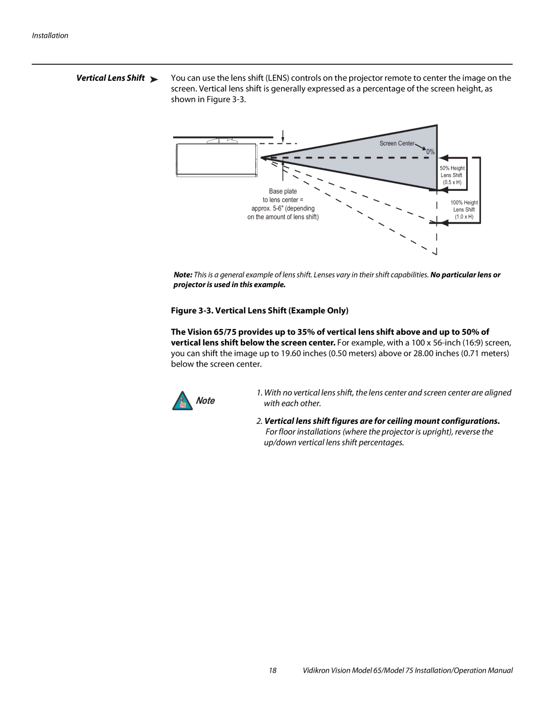 Vidikron Vision 65, Vision 75 operation manual Up/down vertical lens shift percentages 