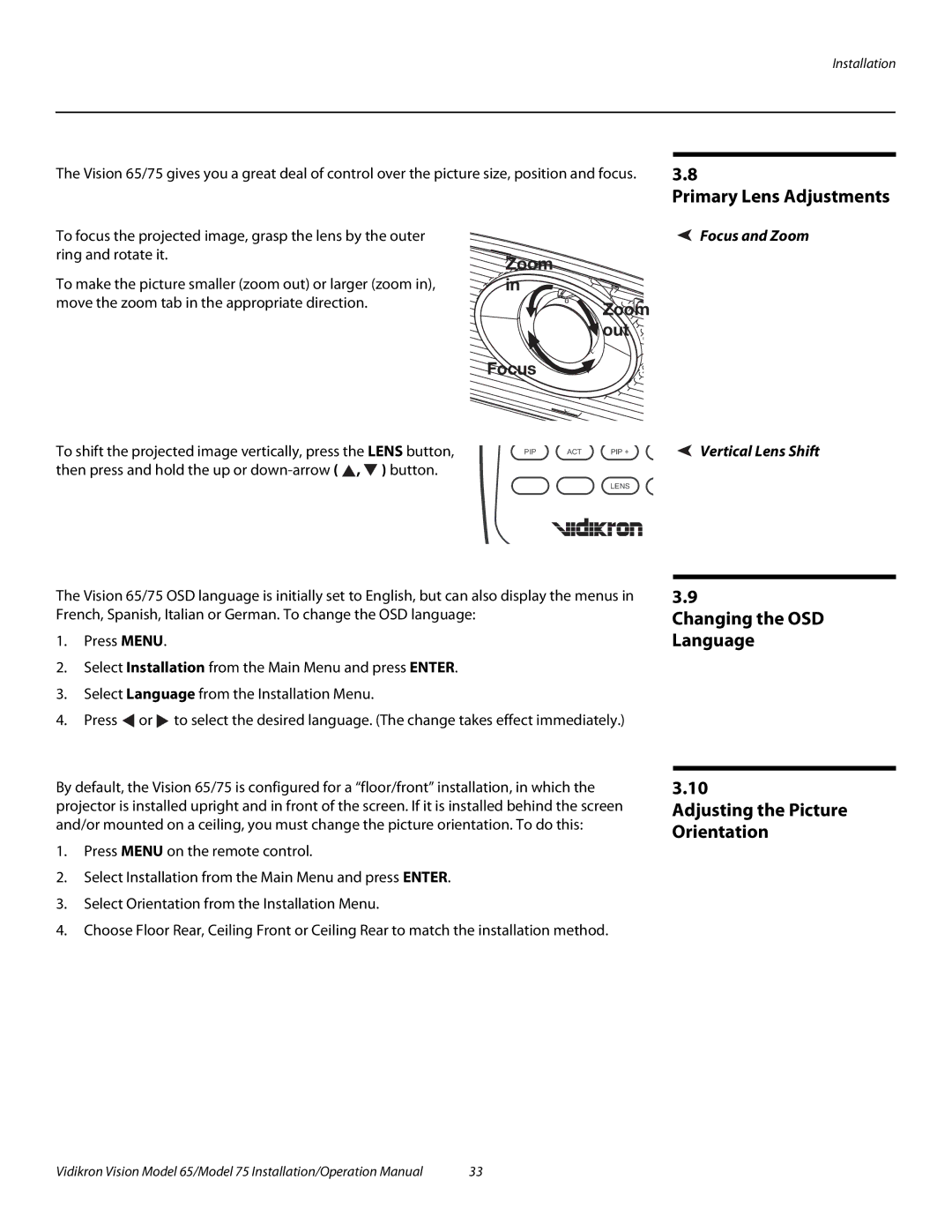 Vidikron Vision 75, Vision 65 Changing the OSD Language Adjusting the Picture Orientation, Primary Lens Adjustments, Zoom 