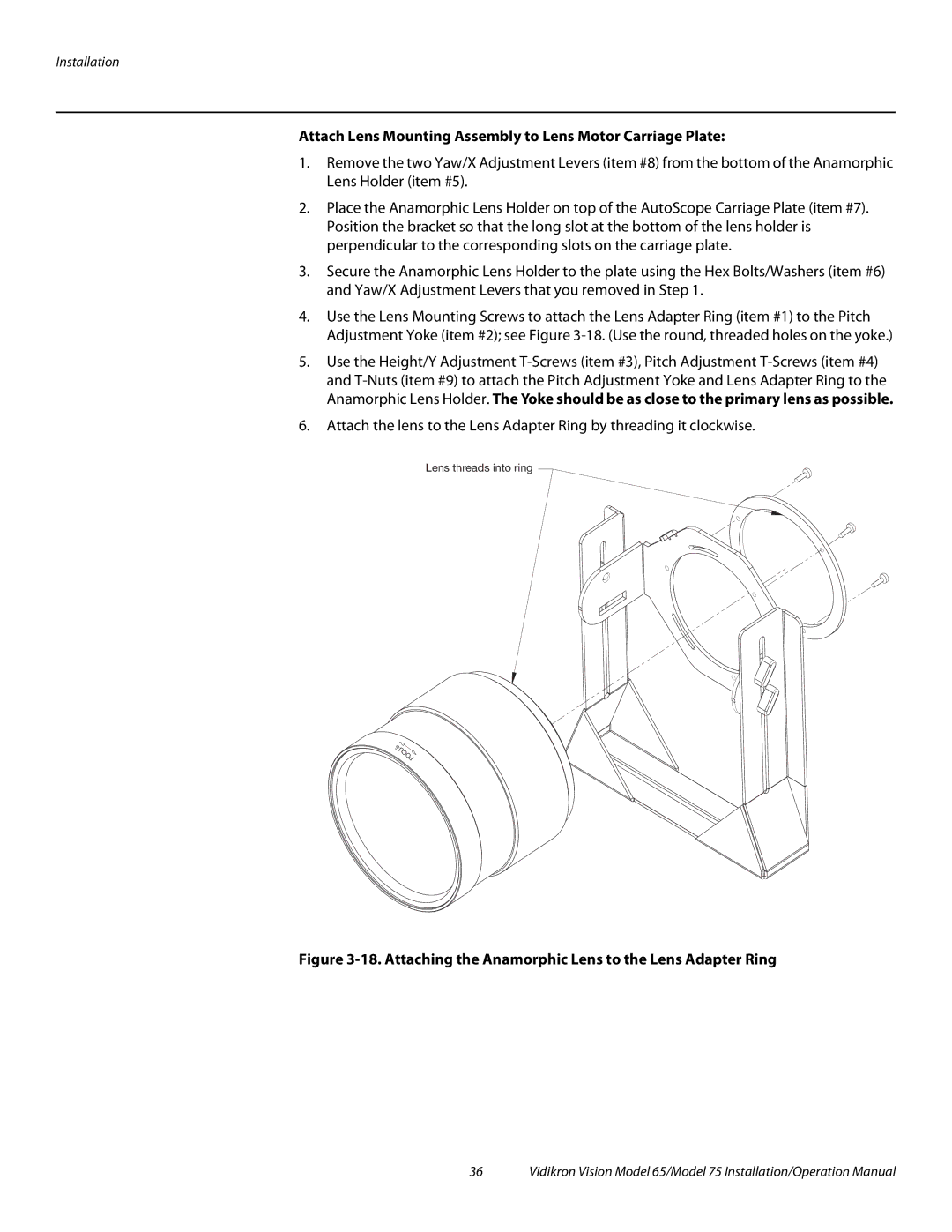 Vidikron Vision 65, Vision 75 operation manual Attach Lens Mounting Assembly to Lens Motor Carriage Plate 