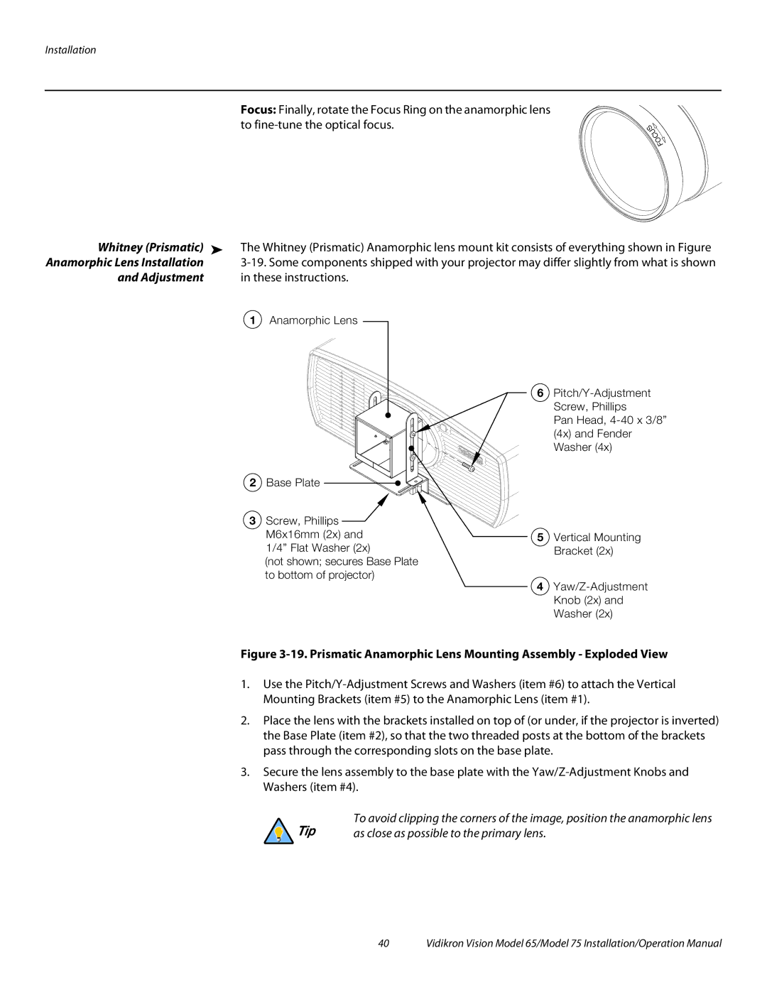 Vidikron Vision 65, Vision 75 operation manual Whitney Prismatic, Adjustment 