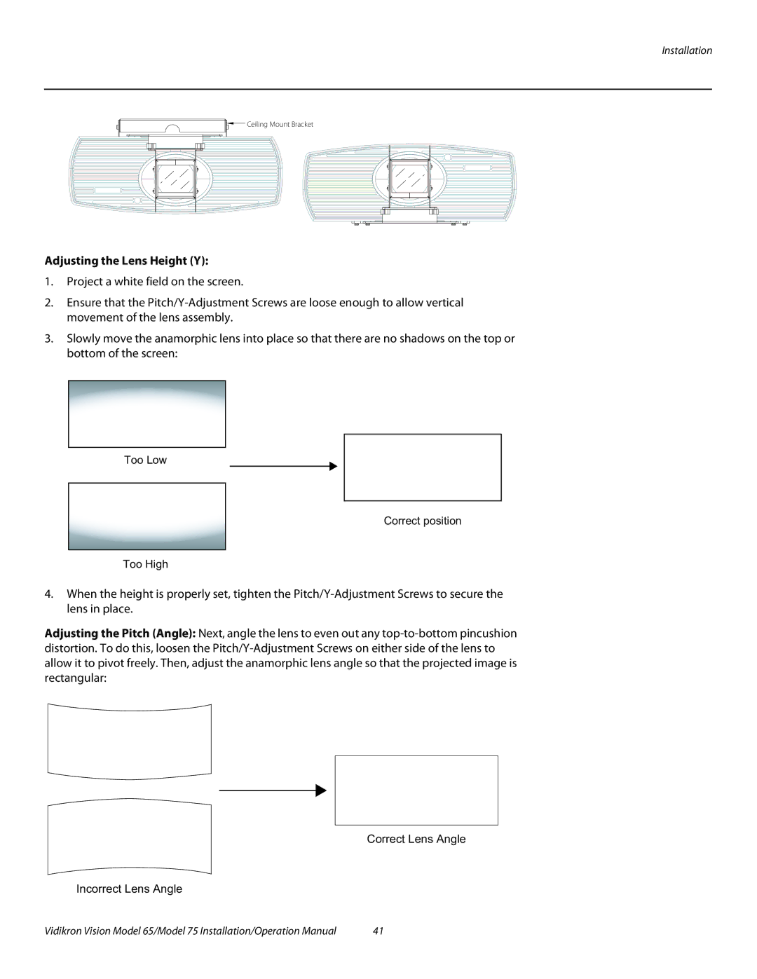 Vidikron Vision 75, Vision 65 operation manual Adjusting the Lens Height Y 