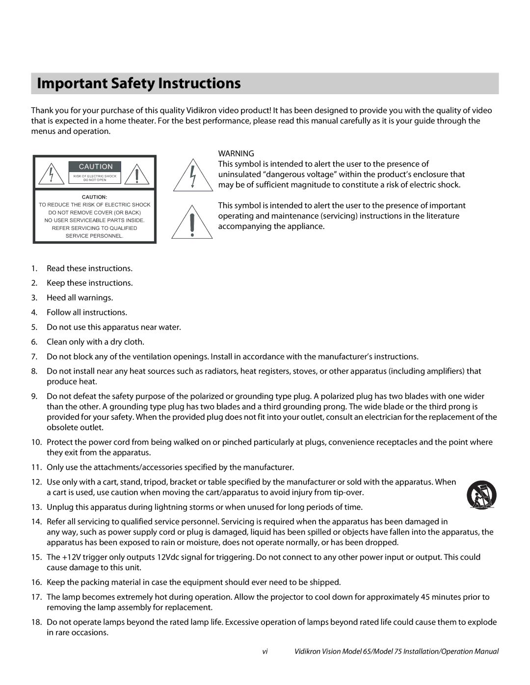 Vidikron Vision 65, Vision 75 operation manual Important Safety Instructions 