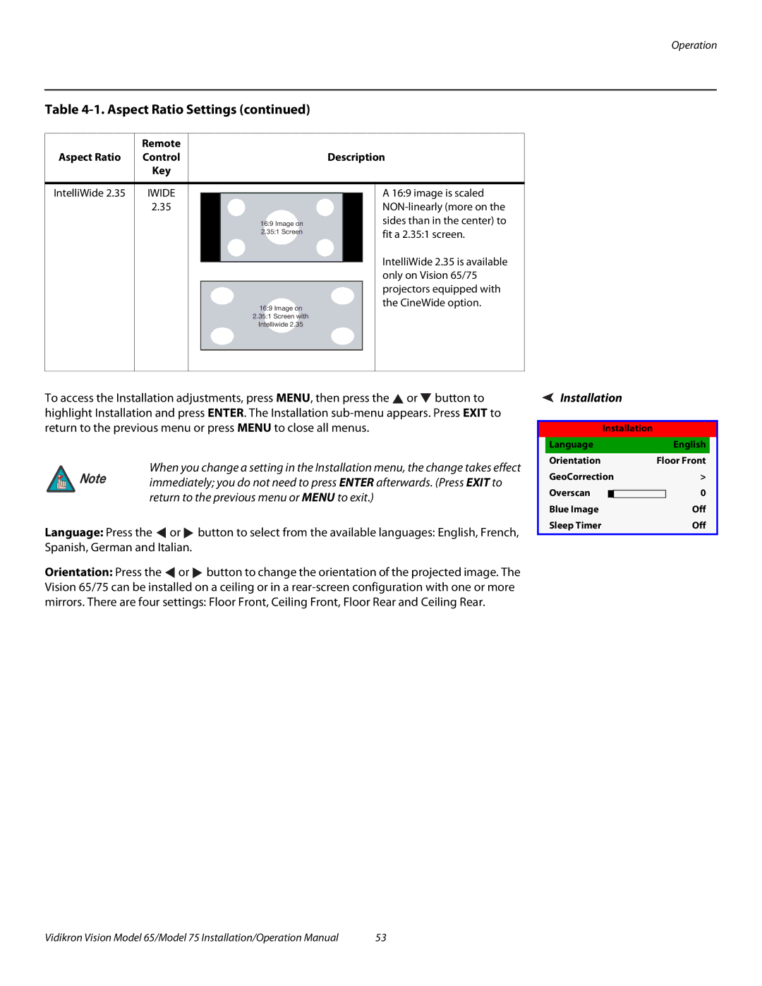 Vidikron Vision 75, Vision 65 operation manual Installation, Fit a 2.351 screen 