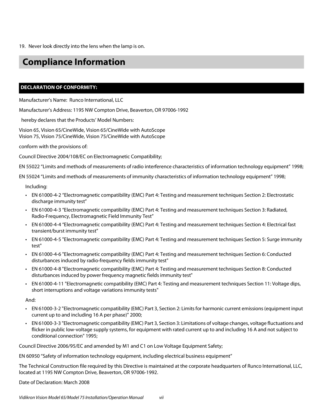 Vidikron Vision 75, Vision 65 operation manual Compliance Information, Declaration of Conformity 