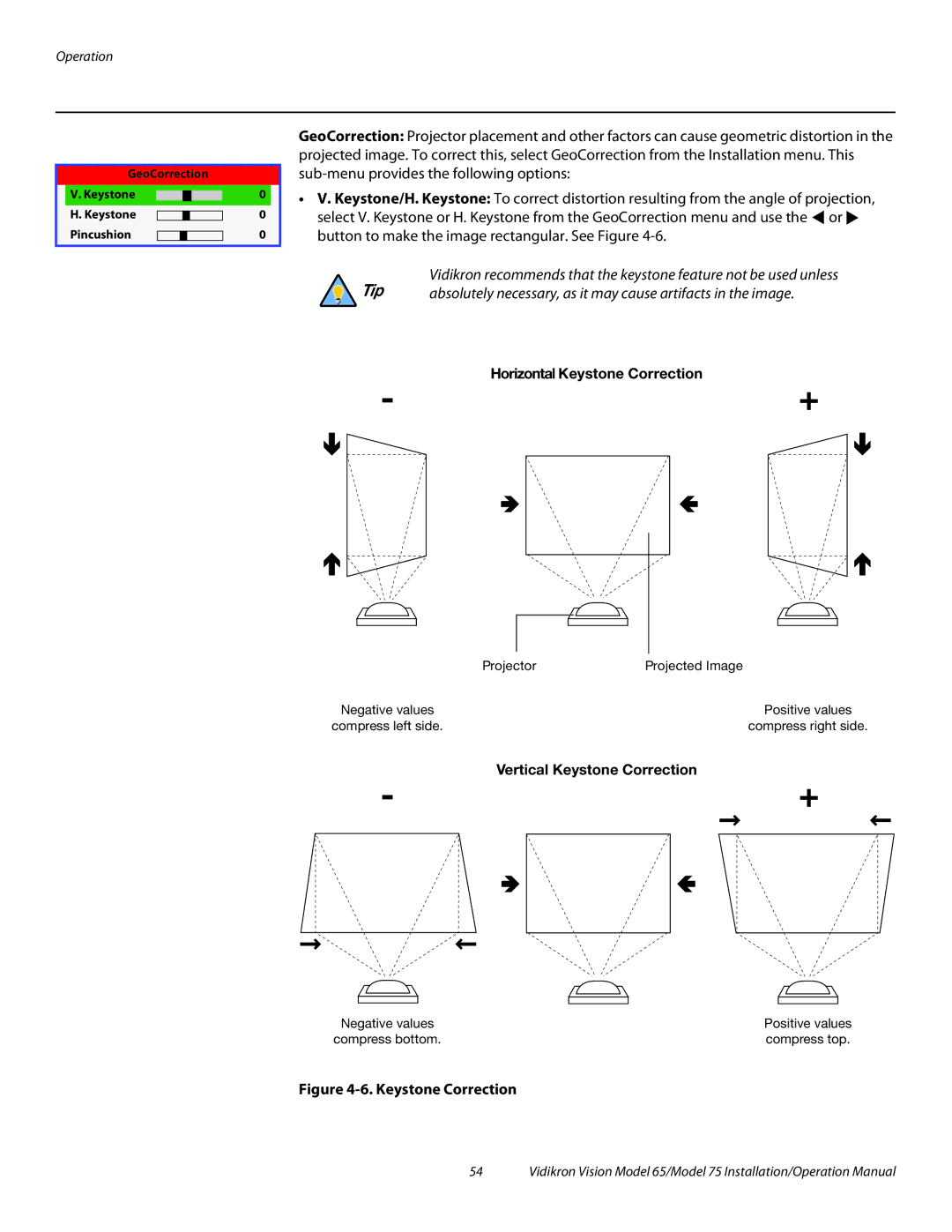 Vidikron Vision 65, Vision 75 operation manual Horizontal Keystone Correction, Vertical Keystone Correction 