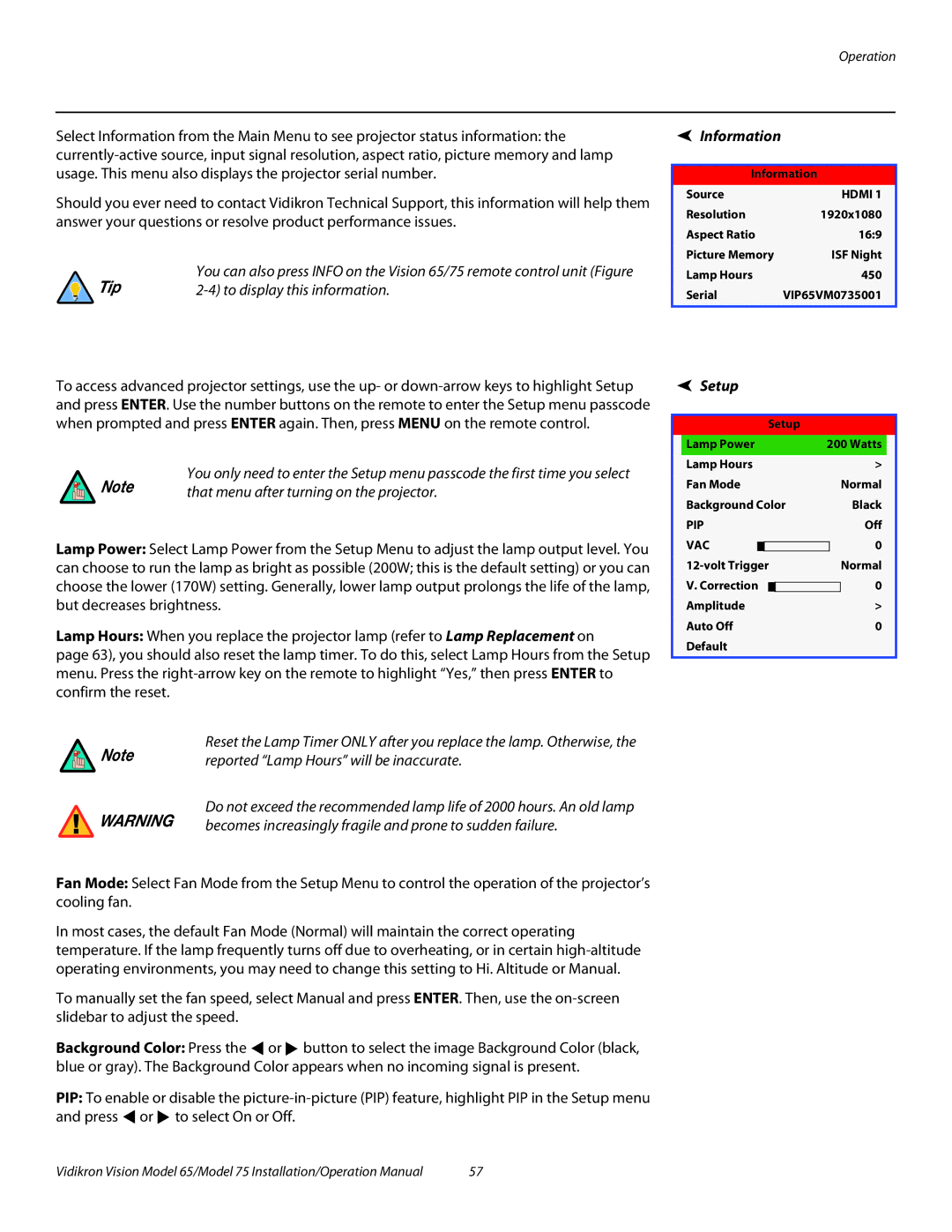 Vidikron Vision 75, Vision 65 operation manual Information, Setup 