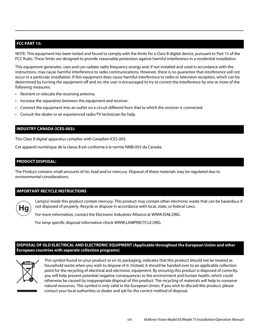 Vidikron Vision 65, Vision 75 operation manual FCC Part 