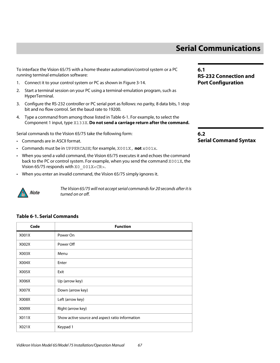 Vidikron Vision 75 6Serial Communications, Serial Command Syntax, RS-232 Connection and Port Configuration, Code Function 