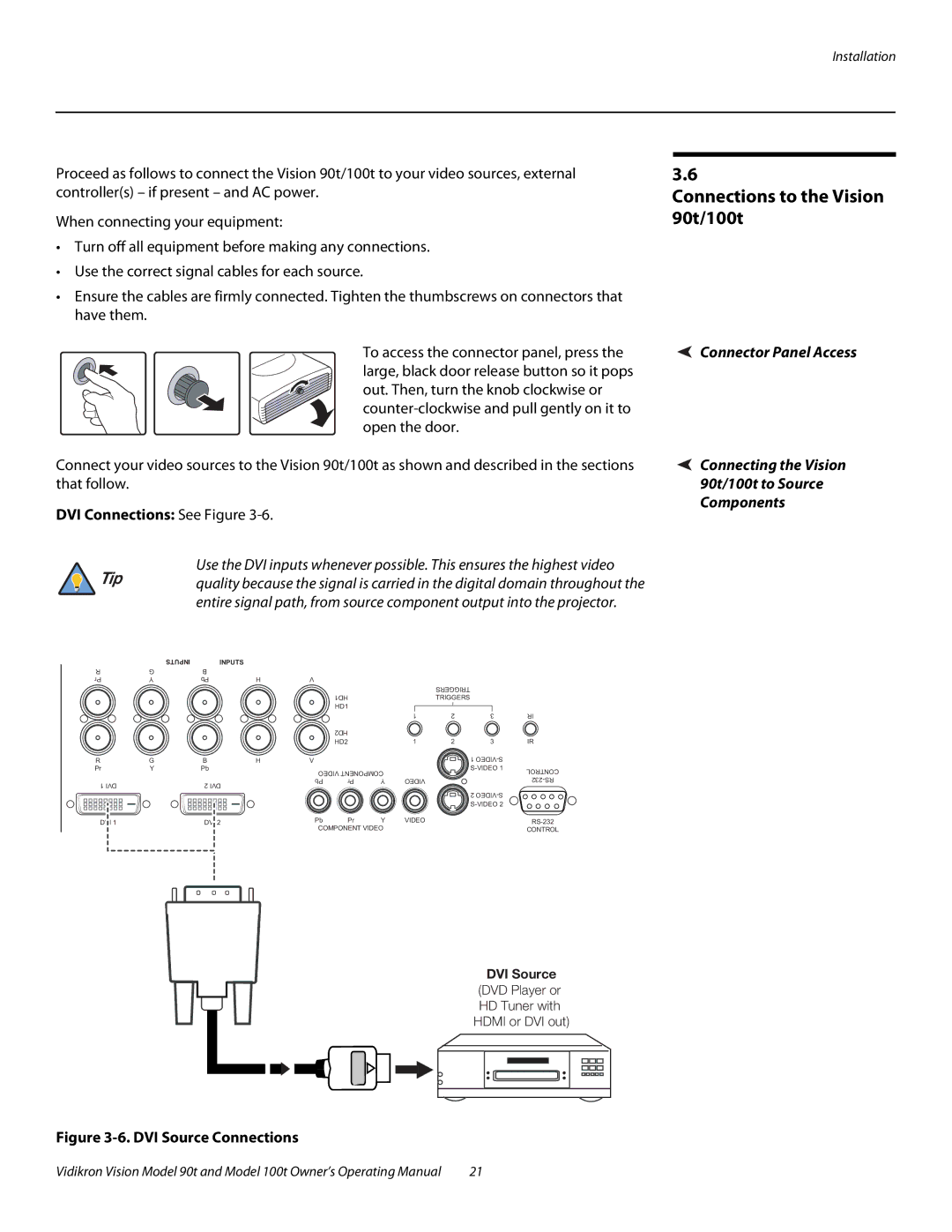 Vidikron Vision 100t manual Connections to the Vision 90t/100t, DVI Connections See Figure 