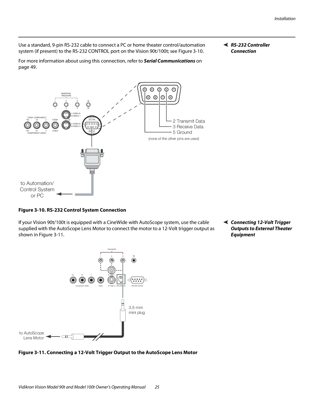 Vidikron Vision 100t, Vision 90t manual RS-232 Control System Connection 